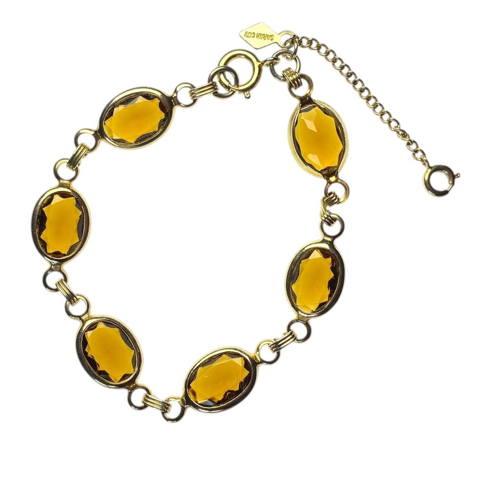 Vintage Sarah Coventry Amber Crystal Bracelet Gold Tone Oval Link Signed